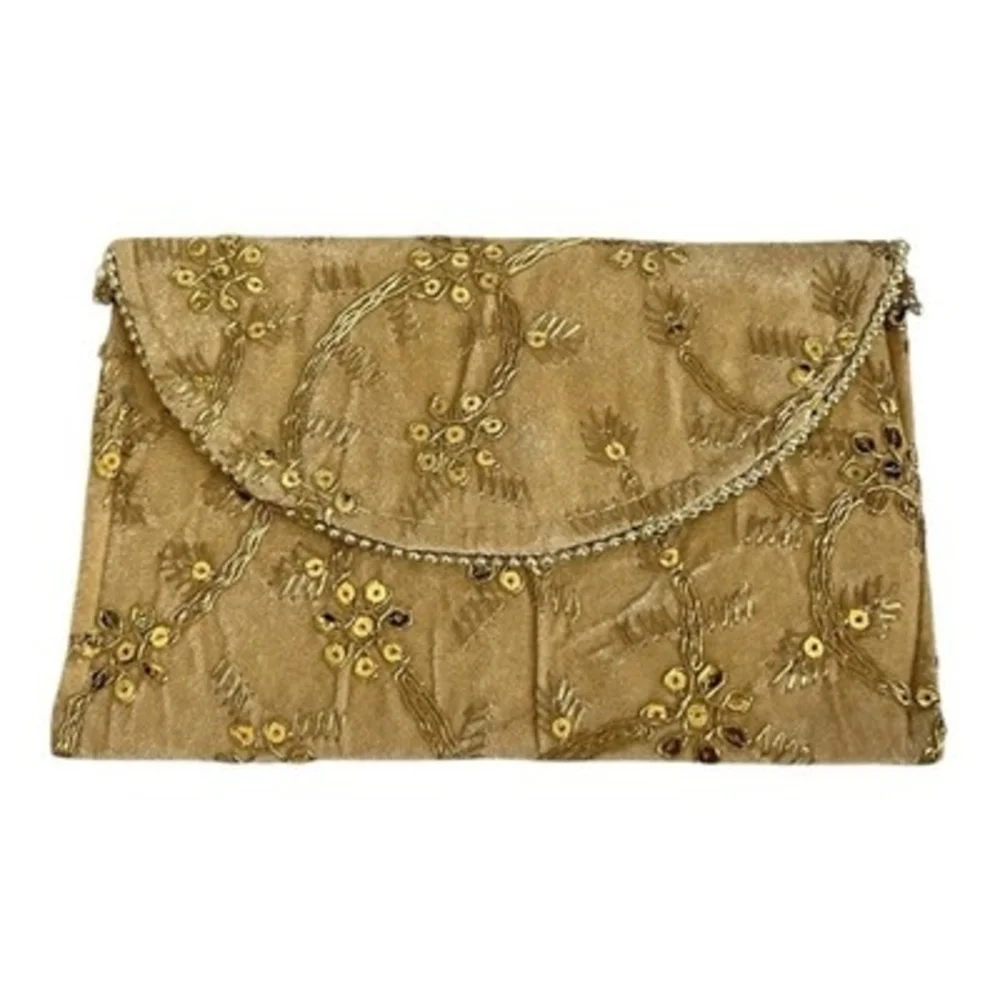 Artisan Gold Embroidered Canvas Purse Handbag Clutch Bag Wallet 8”x5.5” New